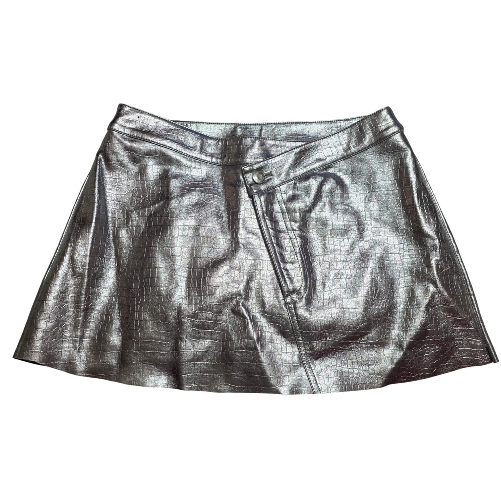 Torn by Ronny Kobo Women M Mini Skirt Silver Metallic Croc Future Faux Leather